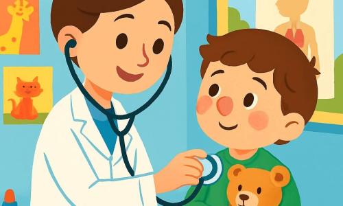 Una dottoressa, Anna, sorridente e benevola, con i capelli castani raccolti in uno chignon, indossa un camice bianco e un stetoscopio al collo. Sta ascoltando il cuore di un bambino, Luca, di 6 anni, con le guance rosse e il naso rosso a causa di un raffreddore. Luca, seduto su un lettino, guarda Anna con occhi curiosi e un leggero sorriso, tenendo un peluche tra le braccia. La scena si svolge in uno studio medico accogliente, con pareti blu chiaro, poster colorati di animali e giocattoli sparsi sul pavimento. C'è un grande poster dell'anatomia umana su una parete e una finestra che lascia entrare la luce del sole. La dottoressa Anna rassicura Luca mentre ascolta il suo cuore, creando un'atmosfera di fiducia e cura.