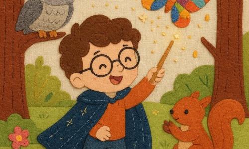Un aprendiz de mago, Nico, 4 años, sonriente y maravillado, pelo castaño rizado y pequeñas gafas redondas, lleva una capa azul noche con hilos brillantes y sostiene una varita de madera clara; la agita hacia una mariposa y hace un gesto de alegría. A la izquierda, un búho gris y beige macho de grandes ojos dorados, posado en una rama alta, observa con aire benévolo. A la derecha, una ardilla llamada Lila, hembra de pelaje rojizo, pequeña y viva, sostiene una nuez partida junto a un arbusto y aplaude con sus patas. La claridad del bosque mágico tiene césped verde manzana bordado, flores de fieltro rosa y amarillo, troncos con corteza cosida marrón-rojiza y guirnaldas de luciérnagas brillantes. En el centro, una mariposa multicolor gira y danza alrededor de Nico con alas de tela patchwork abiertas; pequeñas notas de luz y chispas tejidas salen de la varita, creando una atmósfera alegre y encantada.