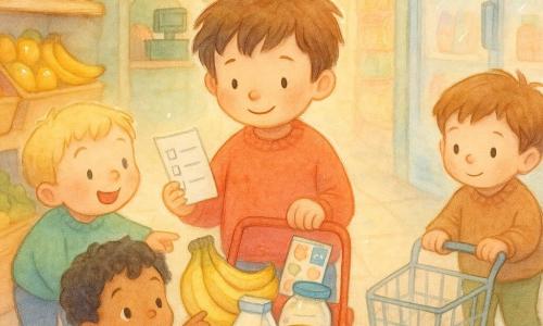 Ci sono quattro bambini di 3 anni: Matteo, capelli castani spettinati, sorriso concentrato, tiene una lista con caselle spuntate; Leo, capelli biondi corti, viso rotondo e gioioso, indica un mazzo di banane accovacciato; Sami, capelli neri ricci, occhi curiosi, tocca una banana nel cestino vicino a Matteo; Nico, capelli castano chiaro, calmo, spinge un piccolo carrello e guarda un grande adesivo colorato. Ambientazione: mini-market interno, luminoso e accogliente con corsie strette, scaffali in legno pastello, cassette di frutta brillante, frigorifero bianco a porte vetrate, cassiera sorridente dietro una cassa verde e porta d’ingresso con luce dorata. Situazione: i quattro mostrano la lista completa e un cestino pieno (banane, latte, pasta, miele, foglio di adesivi) sorridendo orgogliosi davanti alla cassiera; atmosfera dolce, colori tenui e riflessi brillanti sui frutti e sugli occhi per un effetto infantile.
