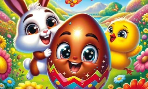 Ugo, un piccolo uovo di cioccolato sorridente con un guscio brillante e colorato, è al centro dell'immagine, saltellando di gioia in un giardino soleggiato. Ha occhi scintillanti e un grande sorriso, tenendo un piccolo cartello "È Pasqua!" tra le mani. Accanto a lui c'è Lillo, un adorabile coniglietto dalle grandi orecchie, con pelliccia bianca e macchie marroni, che salta gioiosamente tenendo un uovo giallo tra le zampe anteriori. Sembra eccitato e felice, pronto a condividere la sua scoperta. Poco più in là, Tina, un pulcino giallo con piume soffici, canta allegramente mentre cerca uova tra i fiori colorati. Ha uno sguardo curioso e vivace, con un sorriso radioso sul volto. Il giardino è pieno di fiori vivaci, farfalle svolazzanti e alberi verdi sotto un cielo azzurro chiaro, creando un'atmosfera festosa e gioiosa. La scena principale mostra Ugo e i suoi amici in piena caccia alle uova di Pasqua, ridendo e divertendosi insieme, circondati da uova colorate nascoste nell'erba e dietro i fiori.