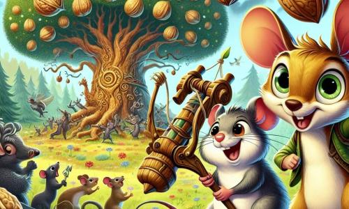 Max, een kleine muis met grote oren en een spaghetti-achtige staart, heeft een vastberaden uitdrukking terwijl hij een katapult van takken en bladeren vasthoudt, klaar om noten te lanceren. Naast hem staat Benny, een eekhoorn met sprankelende ogen en gouden vacht, die enthousiast glimlacht terwijl hij een noot boven zijn hoofd houdt alsof hij net een prijs heeft gewonnen. De achtergrond is een uitgestrekt, kleurrijk weiland vol dansende bloemen en een majestueuze boom, de notenmagier, met takken vol schitterende gigantische vruchten. De scène wordt opgefleurd door dansende bosdieren, terwijl een groep bange ratten in paniek wegvlucht. In het midden van de afbeelding zijn Max en Benny klaar om hun schat te verdedigen, wat een sfeer van vriendschap en avontuur creëert.