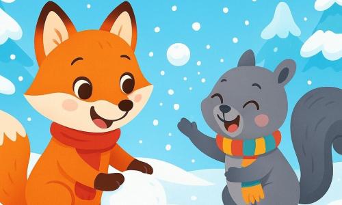 Un pequeño zorrito de pelaje rojo y suave, con grandes ojos brillantes y una bufanda roja, sonríe alegremente mientras juega en la nieve. Hace bolas de nieve con sus patitas, sus mejillas sonrosadas de felicidad. A su lado, una pequeña ardilla gris con una cola esponjosa y ojos chispeantes, también lleva una bufanda colorida. Ríe al lanzar una bola de nieve hacia el zorrito, llena de energía y amistad. El decorado es un hermoso paisaje invernal: árboles cubiertos de nieve brillante, un cielo azul claro y copos de nieve que caen suavemente. El suelo es una gruesa capa de nieve blanca y suave, donde se dibujan las huellas de los animales. La escena muestra al zorrito y a la ardilla jugando juntos, riendo y divirtiéndose en la nieve, rodeados por la belleza tranquila del invierno.