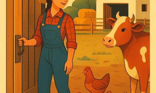 Uma jovem agricultora (20–25 anos), sorridente e atenta, cabelos castanhos trançados, chapéu de palha largo, camisa xadrez vermelho e azul, jardineira jeans e botas sujas, abre uma velha porta de madeira e olha para a fazenda; à sua direita está Mimosa, uma grande e dócil vaca castanha e branca, mugindo suavemente próxima dela; à esquerda, três galinhas castanhas e brancas bicam o chão; ao fundo, uma casa de fazenda de madeira caiada com telhado vermelho, um celeiro aberto, um curral de tábuas e fardos de feno empilhados; chão de terra com pegadas, tufos de grama e uma pá encostada na porta; luz suave da manhã em tons dourados, sombras longas e cores saturadas num estilo infantil art déco, mostrando a agricultora começando o dia, serena e atenta aos sons da manhã.