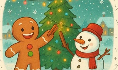 Een glimlachende peperkoekman met twee gekleurde suikerknopen en een brede glimlach van glazuur hangt vrolijk glinsterende kaneelstokjes aan een grote kerstboom. Naast hem helpt een kleine, zachte sneeuwpop met een felrode neus en een speelse glimlach door een kaneelstokje aan te reiken, zijn ogen fonkelen van opwinding. Op de achtergrond is een met sneeuw bedekte dorpsplein te zien, verlicht door veelkleurige lichtslingers, met zacht vallende sneeuwvlokken. De scène straalt een warme en feestelijke sfeer uit en vangt de magie van Kerstmis met levendige kleuren en betoverende details.