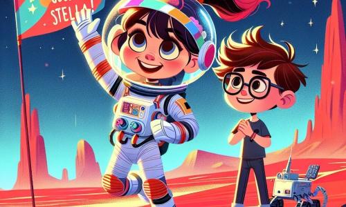 Eine Astronautin, Stella, eine Frau mit braunen Haaren, die zu einem Pferdeschwanz gebunden sind, trägt ein glänzendes und buntes Raumanzug. Ihr Gesicht drückt Staunen und Aufregung aus, während sie einen Schritt auf die rote Oberfläche des Mars macht und die Arme zum Zeichen des Sieges hebt. Neben ihr steht ein Junge namens Max, etwa 10 Jahre alt, mit Brille und zerzausten Haaren, der ein großes, buntes Banner mit der Aufschrift 