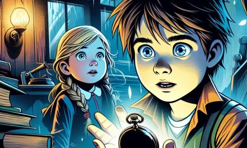 A 10-year-old boy, Oliver, with messy brown hair and curious, bright eyes, stands at the center of the image. His face shows a mix of fear and wonder, with furrowed brows and slightly open mouth. He holds an old black pocket watch, its hands turning backward, in his trembling hand. Next to him is his 7-year-old sister Emma, with braided blonde hair and an innocent smile, watching Oliver with wide eyes, fascinated by the mystery. The setting is a dark, messy room with walls covered in superhero posters and an old wooden desk cluttered with open books. A bluish light emanates from the watch, casting dancing shadows on the walls, while a storm rumbles outside, shaking the windows. The main situation depicts Oliver discovering the magical watch, surrounded by a mysterious mist that seems to seep into the room, creating an atmosphere that is both unsettling and captivating.