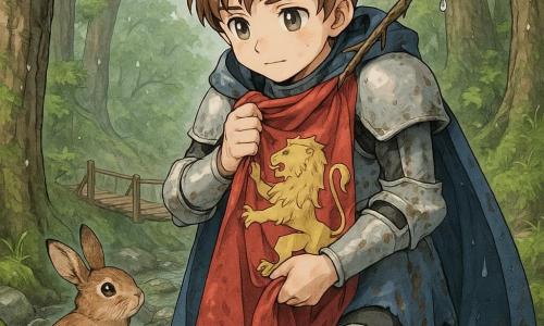 Sir Elio, a young knight with a gentle determined face and short chestnut hair, in simple muddy silver armor and a soaked blue cape, clutches a large wet red banner with a golden lion as he leans to retrieve it from a branch; beside him a small wet brown rabbit with ears up sits on a mossy root, curious and grateful; the scene is a forest ravine after rain with tall textured trees, dripping branches, wet stones and a shaky wooden footbridge in the background, diffuse light and pale gray clouds, vibrant wet green leaves, the moment dramatic yet tender as fine rain resumes and the atmosphere feels brave and caring.