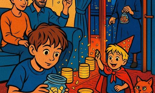 A 10-year-old narrator (small human, messy chestnut hair, curious eyes) kneeling at the start of a path of golden paper lanterns, concentrated gentle expression, shaking a glass jar of folded wishes like swirling indoor snow; Milo, the 6-year-old little brother (makeshift red cape, messy blond hair), excited and amazed, standing behind holding a party hat with gold confetti; the mother (adult woman, tied brown hair, warm sweater) seated left on the sofa smiling tenderly and holding the father's hand; the father (adult man, light beard, casual shirt) protective and joyful, arm around the mother ready to toss confetti; Grandma Nora (elderly woman, grey hair in a bun, round glasses) mischievous and calm, standing by the balcony door holding a sachet of spices with cinnamon sticks and dried orange slices; a fluffy ginger cat with a wary comical look sits on an overturned lantern in the foreground; setting: cozy apartment hallway and living room with beige walls, thick rug, warm fairy lights, balcony door opening onto a glittering night city; scene: family gathered around a trail of golden lanterns leading to the balcony, jar of wishes and gold confetti drifting in the air; palette: bright pop-art colors—warm golds, deep reds, midnight blues—with crisp textures, graphic shadows, and bold black outlines.