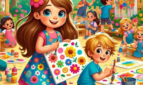 Clara, una niña de 8 años con largos cabellos castaños y ojos llenos de curiosidad, sonríe alegremente mientras sostiene un gran cartel colorido que dice 