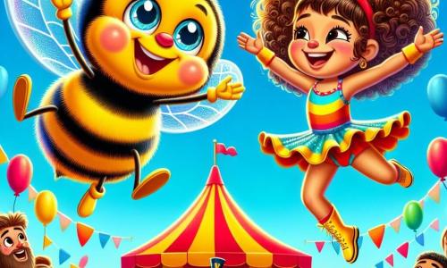 A small smiling bumblebee named Buzzy joyfully flies through the air, his shiny wings sparkling in the sunlight. He has a yellow and black striped body, with large sparkling eyes, and performs a little spin in the sky. Next to him is a young acrobat named Tilly, with curly hair and a colorful outfit, smiling enthusiastically as she gracefully jumps in the air, ready to catch Buzzy, her face expressing joy and excitement. In the background, a large circus tent in bright red and yellow stands under a brilliant blue sky. Balloons float in the air, and amazed spectators watch the scene, applauding with smiles on their faces. The main scene shows Buzzy and Tilly flying together, performing an acrobatic stunt, while the circus clown, with his red nose and big shoes, encourages them with a big smile, creating a festive and joyful atmosphere.