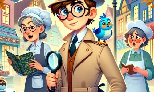A detective named Max stands at the center of the scene, looking determined and curious. He wears a beige trench coat, a black hat, and holds a magnifying glass in his right hand. His slightly tousled brown hair and bright, excited eyes add to his character. Beside him, a small bluebird with vibrant feathers perches on his shoulder, looking attentive and playful. In the left corner, a baker, a woman in her fifties with gray hair in a bun, watches Max with a worried expression while holding a tray of pastries. To the right, a librarian, a young woman around 30 with round glasses and brown hair, flips through a book, looking puzzled as she observes the scene. The setting is Foggyville village square, surrounded by colorful houses and old street lamps, with golden-leaved trees lining the square and a light fog adding a touch of mystery. Max carefully examines the ground, where breadcrumbs and a feather are scattered, contemplating the disappearance of objects. The atmosphere is filled with suspense, featuring vivid colors and captivating details.
