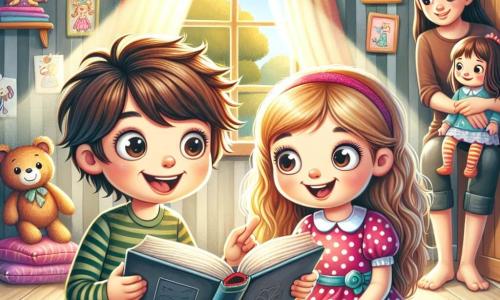 Un niño juguetón, con el cabello castaño alborotado y ojos brillantes, está sentado en una alfombra colorida, sonriendo mientras sostiene un libro abierto en sus rodillas. A su lado, una niña de cabello largo y rubio, con un vestido rosa con lunares, observa atentamente el libro, con ojos llenos de emoción y curiosidad. En la habitación, sus padres, un hombre con barba suave y una mujer de cabello castaño, están de pie cerca de una ventana, intercambiando miradas tiernas y sonrisas, mientras un rayo de sol ilumina la escena. El lugar es una acogedora sala de estar, decorada con cojines coloridos, juguetes esparcidos y dibujos colgados en la pared, creando un ambiente acogedor y familiar. La situación principal muestra el momento en que la familia se reúne para compartir una historia, fortaleciendo los lazos de amor y comprensión entre ellos, con una atmósfera de alegría y complicidad.