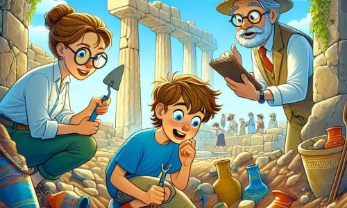 In the center of the image, a female archaeologist, Dr. Emma Stone, is depicted with brown hair in a bun, wearing glasses and a straw hat. She has a look of wonder on her face, holding a trowel in one hand and a colorful pottery fragment in the other. Beside her is a young boy named Alex, around 10 years old, with messy blonde hair and a blue t-shirt, curiously observing an ancient symbol engraved in the ground, leaning forward. An older man, Professor Alexandros, about 50 years old with a gray beard and glasses, stands behind them with crossed arms, displaying a proud and excited expression. The scene takes place at an archaeological excavation in Greece, featuring ancient stone ruins, collapsed columns covered in ivy, and a bright blue sky. Archaeological tools like brushes and buckets are scattered around, and colorful pottery shards emerge from the ground. The main situation shows Emma and her friends discovering an ancient symbol engraved on the walls of a hidden chamber, illuminated by their lamps, as they exchange amazed looks and ideas about its meaning.