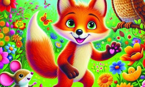 Ein kleiner Fuchs namens Felix, mit leuchtend rotem Fell und neugierigen Augen, steht im Zentrum eines bunten Gartens, umgeben von strahlenden Blumen und tanzenden Schmetterlingen. Er lächelt fröhlich, mit erhobenen Vorderpfoten, als wäre er bereit zu erkunden. Rechts von ihm beobachtet eine lebhafte, schelmische Maus mit grauem Fell und großen Ohren Felix mit einem ermutigenden Blick, ihre Pfoten auf einer Blume ruhend, bereit, Träume zu teilen. Links sitzt eine weise alte Eule mit braunen Federn und runden Brillen auf einem Ast, ihre Augen glänzen vor Weisheit, während sie aufmerksam Felix' Worte hört. Der Garten ist ein lebendiges Bild, gefüllt mit bunten Blumen, Sonnenstrahlen, die durch die Blätter filtern, und süßen Düften in der Luft. In dieser Szene teilt Felix seine Entdeckungen über Wahrheit und Freundschaft mit seinen Freunden, ermutigt sie zuzuhören und gemeinsam zu träumen und schafft so einen magischen Moment der Verbindung und Freude.