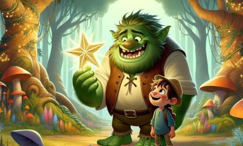 Een vriendelijke ogre, genaamd Grumble, staat in het midden van het beeld. Hij heeft glanzende groene huid, zachte ronde ogen en een brede glimlach die zijn grote tanden toont. Hij draagt een versleten leren vest en een strohoed. Grumble kijkt verwonderd naar een heldere ster die hij in zijn grote handen houdt, zijn uitdrukking is vrolijk en vol hoop. Naast hem staat een jonge jongen genaamd Finn, ongeveer 8 jaar oud, met een vastberaden blik. Hij heeft rommelig bruin haar, draagt een blauwe shirt en een stoffen broek. Finn kijkt naar Grumble, klaar om hem te helpen in zijn zoektocht. Op de achtergrond is er een betoverd bos te zien, met gigantische bomen met knoestige stammen en glinsterende bladeren. Kleurrijke bloemen en reusachtige paddenstoelen bedekken de grond, terwijl een zachte gouden licht door de takken filtert, wat een magische sfeer creëert. De scène toont het moment waarop Grumble en Finn zich voorbereiden om de vloek van de ogre te verbreken met de magie van de ster, wat hun vriendschap en moed symboliseert tegenover het onbekende.