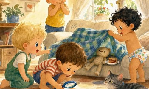 Quattro bambini di 3 anni: Leo, biondo con capelli corti e occhi azzurri, in ginocchio a sinistra del divano indica una coperta; Tom, castano con lentiggini e maglietta a righe rosse e bianche, accovacciato al centro tiene una lente di plastica davanti a una briciola; Sami, capelli neri ricci e pannolino colorato, a destra solleva un angolo della coperta; Nico, capelli castani corti e gilet giallo, in piedi dietro gli altri osserva sorpreso con le mani sulla bocca. Peluche: piccolo pupazzo di stoffa beige con sorriso ricamato parzialmente sotto la coperta sul divano, con una mini‑piattina e una fetta di torta attaccata a una zampa. Gatto tigrato grigio sdraiato vicino al tappeto, rilassato. Soggiorno luminoso con divano crema, coperta a quadri blu e verde, tappeto morbido a motivi rotondi, tavolino chiaro con briciole e porta‑finestra aperta che fa muovere le foglie; luce calda del sole e tocchi acquerellati per ombre e polvere di luce. I quattro piccoli investigatori scoprono la peluche con la fetta di torta sotto la coperta, espressioni meravigliate e sorrisi timidi, scena calma e curiosa focalizzata sulla lente, le briciole e la mini‑piattina vicino al pupazzo.