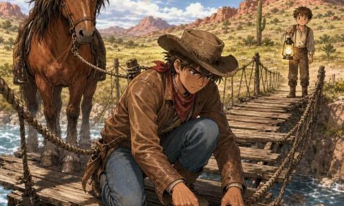 Un cowboy di circa 20–25 anni, pelle bruna e lentiggini, sguardo determinato e calmo, cappello consumato, giacca di pelle e stivali impolverati, è inginocchiato al centro di un vecchio ponte di legno traballante mentre ripara una tavola spezzata con una piastrina di metallo; il cavallo Brazo, alto e alezzato con criniera arruffata, occhi dolci e orecchie indietro, legato alla vita dell'uomo, trema ma è rassicurato all'inizio del ponte; un ragazzo di fattoria di circa 10 anni, capelli corti e camicia semplice, sta sulla riva opposta con una lanterna, osservando preoccupato e ammirato; intorno praterie ondulate, qualche cactus e colline rosse sotto un cielo parzialmente nuvoloso con un leggero arcobaleno, sotto il ponte scorre un fiume rapido e luccicante; atmosfera di lieve tensione e tono eroico mentre il cowboy protegge la mappa arrotolata nella tasca.