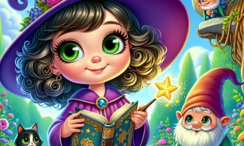 Clara, una joven bruja de 10 años con cabello rizado, lleva un vestido violeta adornado con estrellas brillantes. Tiene ojos verdes llenos de curiosidad y una sonrisa radiante mientras sostiene una varita mágica en una mano y un viejo libro de magia en la otra, de pie en su jardín encantado. A su lado, Nube, su gato negro de ojos dorados, observa atentamente desde una piedra, con una expresión divertida y preocupada. Un pequeño duende llamado Tilo, de aproximadamente 8 años, con piel verdosa y orejas puntiagudas, está justo detrás de Clara, con los brazos cruzados y una sonrisa traviesa mientras mira el libro mágico. El jardín está lleno de flores coloridas que bailan con la brisa suave, árboles con troncos retorcidos y hojas brillantes. Al fondo, un cielo azul claro está salpicado de nubes blancas, creando una atmósfera mágica y alegre. La escena principal muestra a Clara leyendo un hechizo del libro, mientras chispas de magia giran a su alrededor, y Nube y Tilo la observan con fascinación, listos para vivir una nueva aventura mágica.