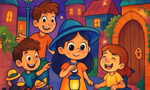 Hay 4 niños: - Lucía: una niña de 8 años con grandes ojos brillantes y un sombrero azul, de pie en el centro, sosteniendo una linterna mágica que ilumina huellas brillantes en el suelo. - Tomás: un niño de 9 años, alto y atlético, con el pelo castaño despeinado, a la izquierda, sonriendo y señalando a un gato con un sombrero de copa que descansa en un banco. - Carla: una niña de 8 años, alegre, que usa una silla de ruedas decorada con colores vivos, a la derecha, riendo mientras habla con un duendecillo que vuela cerca de ella. - Nico: un niño de 7 años, travieso, con pelo rubio y una sonrisa pícara, detrás de Lucía, haciendo muecas a un mapache que lleva gafas. El lugar es una ciudad mágica, con edificios de colores vivos, muros de ladrillo adornados con enredaderas brillantes y faroles que brillan como estrellas. El cielo es de un profundo color violeta, salpicado de nubes rosas, y criaturas fantásticas vuelan alrededor, añadiendo a la atmósfera mágica. La situación principal muestra a los niños explorando un rincón de esta ciudad encantada, descubriendo una puerta secreta de madera con una cerradura dorada, llenos de asombro y curiosidad, listos para entrar en un mundo lleno de magia y aventuras.