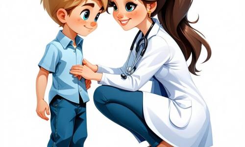 La scena mostra la dottoressa Maria, una donna di una trentina d'anni, con lunghi capelli castani legati in una coda di cavallo. Indossa un camice bianco, uno stetoscopio intorno al collo e un grande sorriso rassicurante sul viso. È accovacciata accanto a Marco, un ragazzo di 8 anni, con i capelli biondi scompigliati e gli occhi blu, che guarda la dottoressa con un misto di curiosità e preoccupazione, una leggera lacrima all'angolo dell'occhio. La clinica è colorata e accogliente, con muri dipinti di azzurro pastello, disegni di animali sorridenti appesi alle pareti e giocattoli sparsi sul pavimento. Una finestra fa entrare la luce del sole, illuminando la stanza con un'atmosfera calda. In questa scena, la dottoressa Maria cura la ferita di Marco, che ha una piccola fasciatura sulla gamba. Gli spiega con dolcezza cosa sta facendo, mentre Marco, seduto su una sedia, sembra rilassarsi poco a poco.