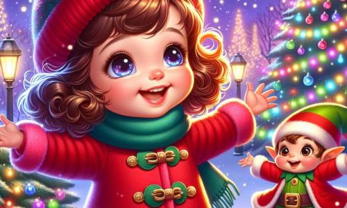 Una bambina di 3 anni, Sofia, con grandi occhi brillanti e capelli ricci castani, indossa un cappotto rosso vivo e un berretto di lana. Sorride con meraviglia, le braccia aperte, davanti a un magnifico albero di Natale illuminato. Accanto a lei, un piccolo elfo di Natale, con orecchie a punta e un costume verde e rosso, sta danzando gioiosamente, le braccia alzate verso il cielo. Ha un sorriso splendente e guance rosa, mostrando la sua eccitazione. Lo scenario è un parco incantato, coperto da uno spesso strato di neve scintillante. Luci colorate decorano gli alberi circostanti e fiocchi di neve cadono dolcemente dal cielo stellato. La scena mostra Sofia e l'elfo che celebrano la magia del Natale, circondati da luci scintillanti e risate, mentre hanno appena acceso le luci dell'albero di Natale, riempiendo l'aria di gioia e meraviglia.