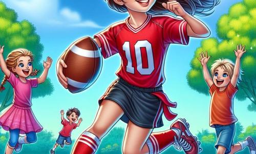 Lena, eine athletische junge Frau von etwa 25 Jahren, steht im Mittelpunkt des Bildes, lächelnd und voller Energie. Sie trägt ein rotes Fußballtrikot mit der Nummer 10, ihre braunen Haare sind zu einem Pferdeschwanz gebunden und wehen im Wind. Sie dribbelt mühelos einen Fußball, ihr entschlossener und fröhlicher Blick zeigt ihre Leidenschaft für das Spiel. Neben ihr applaudiert Max, ein 10-jähriger Junge mit zerzausten blonden Haaren und einem blauen T-Shirt, begeistert. Er springt vor Freude, seine Augen strahlen Bewunderung für Lena aus. Ein wenig weiter entfernt versucht ein 8-jähriges Mädchen mit Zöpfen, das in einem rosa Rock und mit strahlendem Lächeln gekleidet ist, Lenas Bewegungen nachzuahmen, mit erhobenen Armen und voller Enthusiasmus. Die Szene spielt auf einem grünen Fußballfeld, umgeben von Bäumen mit leuchtend grünen Blättern und einem hellblauen Himmel, der mit einigen weißen Wolken übersät ist. Im Hintergrund spielen Kinder, was der Illustration eine fröhliche und dynamische Atmosphäre verleiht. Die Hauptsituation zeigt Lena, die den Kindern Fußballtechniken beibringt und ihnen ihre Leidenschaft und Liebe zum Spiel vermittelt, während sie gemeinsam auf dem Platz Spaß haben.