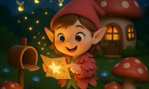 Lumi, an elf girl, joyful and curious with a smiling face and sparkling eyes, wears a pink petal jacket and leaf-green boots and delicately holds a glowing star-paper card that emits tiny golden sparks; a small open walnut-shell mailbox sits beside her as yellow and green fireflies circle like miniature lanterns above the field; background: an acorn-and-mushroom cottage with round light-wood doors and a window with checkered curtain under a starry deep-blue sky; thick green grass dotted with blue light-flowers and large red-and-white spotted mushrooms used as seats; main scene: the elf discovers and touches the shimmering magical card with an amazed expression and soft warm light on her face; style: ultra-cute 3D figurines, detailed matte-plastic textures, vivid contrasting colors and soft warm lighting.