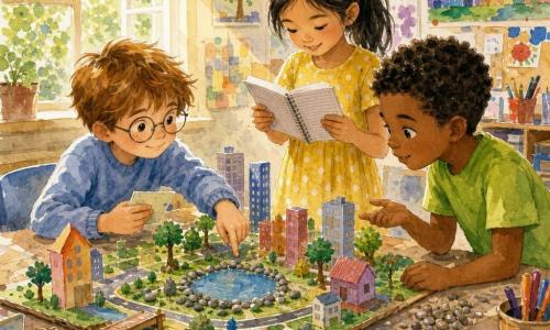 Three 8-year-olds present a miniature town on a sunny classroom table: Milo (left) is small with tousled light brown hair, freckles, round glasses and a pale blue sweater, holding a note card and pointing to a small paper blue pond edged with grey beads; Ava (center) has black hair in a ponytail, wears a yellow polka-dot dress, stands behind the model reading from her notebook and smiling calmly; Jayden (right) has tan skin, short curly hair and a bright green T‑shirt, crouching to inspect miniature stones with a curious hand gesture; close-up view on a light wood table covered with the model board, boxes of craft sticks and markers in a tray, an open window casting warm light and colorful posters on the wall, gentle attentive mood with watercolor textures and light splashes around the edges.