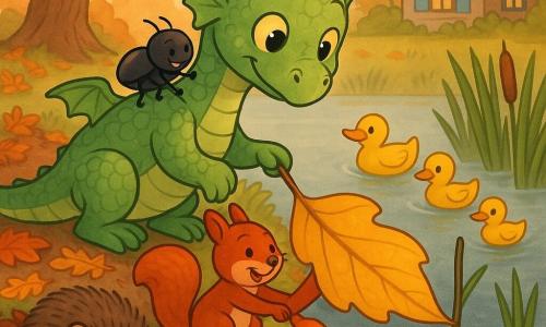 Miri, a small pale-green dragon with golden eyes, is gentle and focused, tilting her head and guiding a large golden leaf with her curled tail; Pip, a shiny black beetle, perches happily on her shoulder and nudges the leaf with tiny legs; Tilly, a red squirrel with a bushy tail, smiles and pushes the leaf from the bank near Miri's feet; a family of yellow ducks swims calmly in the misty pond near the reeds where the leaf is caught; a brown hedgehog sleeps curled in a nest of russet leaves in the foreground; the autumn garden around the pond has dark smooth water with a light white mist, a reed-lined shore, a carpet of orange, red and brown leaves, an old chestnut tree and a wooden house with blue shutters in the background; the friends gently work together to free the stuck leaf, creating a warm, calm sunset autumn atmosphere.