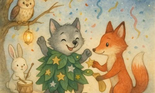 Um lobinho cinza doce (personagem principal), de olhos redondos e maliciosos, sorrindo e radiante, veste um manto de grandes folhas verdes com estrelas douradas e prateadas e dança na duna erguendo as patas; a raposa ruiva Estela, de olhos brilhantes e sorriso terno, segura um rolo de papel dourado e ajusta uma estrela no manto, inclinada junto a ele; ao fundo um coelho branco toca um tambor de madeira, uma coruja bege pousa num galho com uma pequena guirlanda e um ouriço com brilhos sorriem observando; o cenário é uma grande duna de areia iluminada por lanternas penduradas em galhos tortuosos, com fitas coloridas e confetes no ar; festa de carnaval noturna, luz quente das lanternas, céu estrelado em cúpula acima dos dançarinos, atmosfera alegre e mágica em tons pastel e texturas aquarela.
