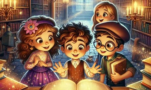 Em uma biblioteca mágica, quatro amigos estão juntos. Luna, uma menina de 8 anos com cabelos cacheados e castanhos, usa um vestido colorido e observa com curiosidade um velho livro empoeirado. Ao lado dela, Pedro, um menino de 8 anos com óculos e cabelos loiros bagunçados, sorri entusiasticamente segurando uma pequena chave brilhante. Sofia, uma menina de 8 anos com cabelos longos e lisos, vestida com uma camiseta florida, aponta para o livro, com os olhos brilhando de excitação. Finalmente, Tomás, um menino de 8 anos com cabelos castanhos e um boné, se inclina para frente, examinando atentamente o livro aberto na mesa. A biblioteca é espaçosa, com grandes estantes de madeira cheias de livros coloridos. Raios de luz filtram através das janelas, iluminando a poeira no ar e criando uma atmosfera acolhedora e misteriosa. Ao fundo, uma porta de madeira antiga está entreaberta, revelando uma sala escura e intrigante. Os amigos acabaram de descobrir um livro antigo que liberou uma luz dourada, revelando um mistério a ser resolvido. Eles estão prestes a decifrar um enigma que os levará a uma emocionante aventura, cheia de segredos e tesouros escondidos.