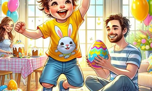 Um garotinho de 4 anos, Miguel, com cabelos castanhos bagunçados e grandes olhos brilhantes de alegria, está pulando de felicidade no meio de uma sala colorida, cercado por ovos de Páscoa multicoloridos. Ele usa uma camiseta amarela vibrante com um desenho de coelho e um short azul. Ao lado dele, seu pai, um homem de cerca de 30 anos com uma barba leve e um sorriso acolhedor, está mostrando um ovo de Páscoa gigante, segurando-o alto no ar. Ele veste uma camiseta listrada e um jeans. A mãe de Miguel, uma mulher de cerca de 28 anos com cabelos longos e cacheados, está preparando uma mesa cheia de guloseimas de Páscoa, com bolos e doces coloridos. Ela sorri ao olhar para seu filho, feliz por compartilhar esse momento. A cena acontece em uma sala iluminada, decorada com guirlandas de Páscoa, com janelas abertas deixando entrar a luz do sol. Balões e flores coloridas adicionam um toque festivo à atmosfera. Miguel, todo animado, acaba de descobrir um ovo escondido debaixo do sofá e grita de alegria, pronto para compartilhar sua descoberta com seu pai e sua mãe, criando uma atmosfera de felicidade e surpresa.