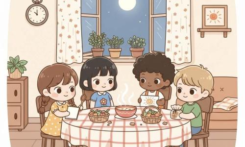 Hay cuatro niños: Luna, niña de 6 años con coletas castañas y vestido amarillo de lunares, sostiene un cuaderno y una cuchara; Clara, niña de 6 años con bob negro y vestido azul con una flor, lleva una pequeña cesta de frutas; Mateo, niño de 6 años con pelo castaño claro y camiseta verde, sentado y sosteniendo un paquete con pan; Samir, niño de 6 años con rizos negros y peto naranja, sostiene un dibujo de un sol. Están en una cocina-comedor cálida y colorida con mesa redonda de madera y mantel a cuadros, bol de sopa humeante, cestas de fruta, ventana abierta con una luna suave, cortinas de flores, una manta en el sofá y macetas de albahaca en el alféizar. Los cuatro ofrecen pequeños paquetes de consuelo y una cucharada de sopa a un amigo enfermo sentado en la mesa; la escena muestra gestos tiernos, rostros expresivos, vapor de la sopa, notas pegadas en los paquetes, migas de pan, sonrisas tímidas y ojos brillantes, con luz suave y colores pastel que crean una atmósfera reconfortante.