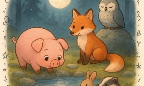 Ein rundes rosafarbenes Ferkel namens Rudi mit großen glänzenden Augen, schüchtern und erstaunt, trinkt am silbernen Bächlein mit schlammigen Pfoten auf moosbedeckten Steinen; ein roter Fuchs namens Silas mit glänzendem Fell und kupfernen Augen sitzt neben ihm auf einem Felsen, sanfter Blick, Schwanz ruhig am Boden; eine graue, runde Eule auf dem Rand des großen silbernen Felsens „Silverstein“ beobachtet die Szene von oben; ein kleines Tierkreis (Hase, Dachs, zwei Mäuse) in Halbkreis bringt Beeren und Nüsse und sitzt auf Moosteppich und flachen Steinen; Ort: Lichtung in der Dämmerung am „Moonquell“, Vollmondlicht spiegelt sich im glitzernden Wasser, dunkle Kiefernstämme und leichte Nebelschwaden; Stimmung: ruhiges, warmes Festmahl am Ufer, Glühwürmchen, dicke Moospolster, raue Rinde, sanfte runde Silhouetten; visueller Stil: warme Pastellfarben, weiche abgerundete Linien, subtiler Kontrast zwischen Mondblau und dem Rosa des Ferkels, kleine Doodles (Sterne, Noten, Wassertropfen) als kindliche Verzierung.