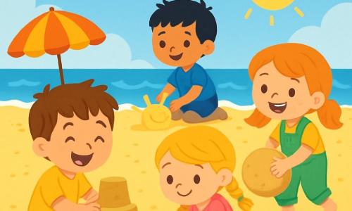 Há 4 crianças: - Léo: um menino de 5 anos, com cabelo castanho bagunçado e uma camiseta amarela. Ele está sentado na areia, construindo um castelo de areia com um grande sorriso. - Sara: uma menina de 5 anos, com cabelo loiro trançado e um vestido rosa com flores. Ela está ao lado de Léo, cavando um buraco com uma pequena pá azul. - Tomás: um menino de 6 anos, com cabelo preto e um short azul. Ele está um pouco mais longe, moldando um sol de areia com as mãos. - Inês: uma menina de 6 anos, com cabelo ruivo e um macacão verde. Ela está em pé, rolando uma bola de areia, com um grande sorriso no rosto. O local da cena principal é uma praia ensolarada, com areia dourada brilhando ao sol. Ao fundo, podem-se ver ondas suaves quebrando na costa e conchas coloridas espalhadas pelo chão. Guarda-sóis coloridos estão fincados na areia, e algumas gaivotas voam no céu azul. A cena principal mostra as crianças se divertindo juntas, construindo castelos de areia, rindo e brincando sob o sol de verão, cheias de alegria e amizade.