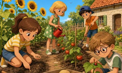 Hay cuatro niños: una niña de unos 9 años con coleta y camiseta amarilla a rayas plantando semillas de girasol a la izquierda; una niña de unos 8 años con pelo rubio corto y vestido verde regando tomates con un pequeño regador rojo en el centro; un niño de unos 10 años con pelo negro, gorra azul y camiseta naranja removiendo la tierra con una pala a la derecha; y un niño de unos 9 años con gafas redondas y pantalón corto vaquero sentado observando una mariquita en una hoja. Están trabajando alegremente en el huerto de su abuelo junto a una casa de piedra con tejado de tejas rojas; filas de tomates y altos girasoles, camino de tierra clara, una carretilla con un viejo sombrero de paja, cielo azul con algunas nubes y aves, ambiente veraniego, colores cálidos y texturas detalladas.
