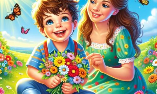 Un bambino di 2 anni, con i capelli castani disordinati e gli occhi brillanti di gioia, è seduto sull'erba verde. Sorride ampiamente, tenendo un bel mazzo di fiori colorati tra le mani. Accanto a lui, sua madre, una donna di circa 30 anni con lunghi capelli castani e un sorriso caloroso, si accovaccia per ammirare i fiori. Indossa un vestito leggero e colorato e guarda il figlio con tenerezza. Sullo sfondo, un campo soleggiato è pieno di fiori vivaci, farfalle che volano e un cielo azzurro. La scena principale mostra il bambino felice, circondato dalla bellezza della natura, che scopre il mondo con meraviglia.