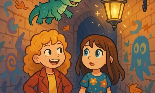 Two girls, Clara and Sophie, aged 10, stand in the center of a magical alley. Clara, with her curly golden hair, wears a red leather jacket and a mischievous smile, while Sophie, with bright blue eyes and straight hair, is dressed in a floral dress and looks around with curiosity. They are accompanied by Wizzle, a small Glimmerwing dragon with sparkling scales and shiny wings, joyfully flying above them. The setting is a narrow cobblestone alley lined with ancient brick walls, where wrought-iron lanterns cast a soft golden light. Colorful graffiti depicting fantastical creatures and mysterious symbols adorns the walls, while autumn leaves swirl in the cool air. The main scene shows Clara and Sophie discovering an ancient lantern that sparkles, as Wizzle enthusiastically guides them, revealing they must find the Crystal of Light to save the city from a looming shadow.