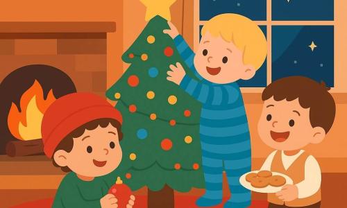 Há três meninos de 2 anos: à esquerda um de cabelos castanhos encaracolados com gorro vermelho e suéter verde segurando uma pequena bola de Natal brilhante; ao centro um loiro de cabelos lisos com macacão listrado azul, ajoelhado e a colocar uma estrela dourada no topo da árvore; à direita um moreno de cabelos castanhos com meias de bolinhas e colete bege, rindo e mostrando um prato de biscoitos; tudo numa sala acolhedora com grande tapete vermelho, janela gelada mostrando a noite estrelada, lareira acesa à esquerda e à direita uma árvore de Natal enfeitada com guirlandas coloridas e luzes piscantes, crianças decorando alegremente com bolas e guirlandas, ambiente aconchegante e expressões felizes.