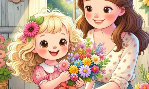 Een 3-jarig meisje, Lotte, met grote glanzende ogen en krullend blond haar, glimlacht vrolijk terwijl ze een boeket kleurrijke bloemen in haar kleine handen vasthoudt. Ze draagt een roze bloemenjurk en staat voor een rustieke houten tafel, vol licht en warmte. Naast haar knielt haar moeder, een vrouw van ongeveer 30 jaar met kastanjebruin haar en een warme glimlach, om het boeket te bewonderen. Ze draagt een lichte blouse en een spijkerbroek, en haar ogen stralen van verrassing en geluk bij het zien van het cadeau van haar dochter. De setting is in een charmant landhuis met pastelgele muren en open ramen die zonlicht binnenlaten. Potplanten versieren de ruimte en er hangt een zachte lentelucht in de lucht. De belangrijkste situatie toont Lotte, vol enthousiasme, die haar bloemenboeket aan haar moeder aanbiedt voor Moederdag, wat een magisch moment van tederheid en gedeelde liefde creëert.