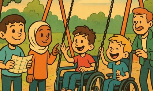 Een groep kinderen bereidt in een kleine speeltuin na de regen een rolstoelwip voor zodat Luuk (ongeveer 10, blond, in elektrische rolstoel) kan schommelen: Sam (12, rond gezicht, kort bruin haar, lichtblauw T-shirt) houdt een buurtkaart, Amina (±12, Arabische afkomst, medium huidskleur, licht hoofddoekje) wijst er zachtjes naar en praat, Milan (±12, lichte huid, warrig haar, spottende glimlach) doet high-five met Luuk terwijl hij een half opgegeten friet vasthoudt, enkele kinderen rekken zich speels uit; Tom (vader van Luuk, volwassen, lichte huid, groene jas) laat rustig zien hoe het poortje van de wip gesloten wordt; sfeer warm en inclusief, iedereen geduldig en solidair.