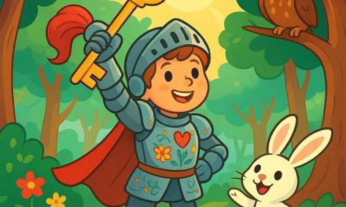 Un joven caballero, un niño de unos 10 años, se encuentra orgullosamente en el centro de la escena. Lleva una armadura brillante, decorada con motivos de flores y corazones, y su rostro irradia determinación y alegría. Sostiene una llave dorada en su mano, mirando con orgullo hacia el cielo. A su lado, un pequeño conejito blanco, con grandes orejas y ojos brillantes, salta alegremente, entusiasta y curioso, listo para ayudar a su amigo caballero. El fondo es un hermoso bosque verde, con árboles majestuosos y flores coloridas que bailan al viento. Un suave rayo de sol filtra a través de las ramas, iluminando la escena. La situación principal muestra al caballero y al conejito escondiendo la llave dorada bajo las raíces de un árbol gigante, mientras un sabio búho los observa con una mirada benevolente. La atmósfera es mágica y llena de aventura, evocando un sentimiento de camaradería y protección.
