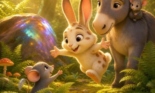 Ein kleiner Hase namens Felix mit glücklichem, erleichtertem Gesicht, großen aufrechten Ohren, cremeweißem Fell mit braunen Flecken und runden, glänzenden Augen springt vor Freude in die Luft und streckt die Vorderpfoten aus; eine kleine Maus namens Mia, ganz grau, mit dünnem Schwanz und einer kleinen silbernen Feder daran, mit funkelnden, noch etwas zitternden Augen steht halb versteckt zwischen niedrigen Farnen und reicht ihre Pfote zu Felix; Otto der Esel, groß und robust mit zotteligem grauem Fell und sanften Augen, steht hinter Felix mit leicht geneigtem Kopf und trägt Mia auf seinem Rücken zum Schutz; Schauplatz: eine lichtdurchflutete Waldlichtung mit moosbedecktem Boden, dichten Farnen, bunten Pilzen (rot, orange, violett) und einem irisierenden Felsen mit regenbogenartigen Schimmern; visuelle Stimmung: warme, gesättigte Farben, weiche Texturen für Moos und Fell, sanfte Gegenlichtbeleuchtung mit Halos um die Figuren; zentrale, intime Komposition, Ausdruck von Freundschaft und Erleichterung.