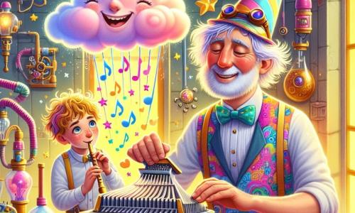 Un uomo inventore, con il viso gioioso e gli occhi brillanti di curiosità, indossa un cappello colorato a elica e una camicia a motivi vivaci. Sta grattando una grattugia musicale nuvolosa, circondato da note musicali fluttuanti e piccole stelle scintillanti. Accanto a lui, un ragazzo di dodici anni, con i capelli arruffati e un sorriso malizioso, osserva con meraviglia, tenendo in mano un piccolo flauto, pronto a suonare una melodia. Il loro laboratorio è un luogo caotico e magico, pieno di macchine strane, tubi colorati e gadget stravaganti, con scaffali stracolmi di libri e strumenti. Sullo sfondo, una finestra aperta fa entrare raggi di sole dorati, illuminando la scena. La situazione principale mostra l'uomo e il ragazzo concentrati sulla loro invenzione, mentre una piccola nuvola rosa e soffice scende lentamente verso di loro, attratta dalla musica gioiosa, pronta per essere grattata e creare polvere di sogni.