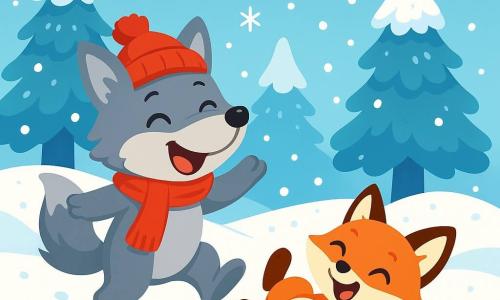 Un piccolo lupo di nome Leo, con un pelo grigio e occhi scintillanti di gioia, salta nella neve morbida e bianca, ridendo felice. Indossa una sciarpa rossa vivace e un piccolo cappello abbinato, che gli conferisce un'aria birichina. Accanto a lui, una piccola volpe dal pelo arancione brillante, con occhi maliziosi, rotola nella neve, ridendo di cuore. È piena di energia e sembra molto felice di giocare con Leo. La scena si svolge in una foresta incantata, dove gli alberi sono coperti da un spesso manto di neve scintillante. Il cielo è di un blu chiaro, punteggiato di nuvole bianche e soffici, e fiocchi di neve cadono dolcemente attorno a loro. Leo e la volpe si divertono a fare palle di neve, creando scoppi di risate e tracce di zampe nella neve immacolata.