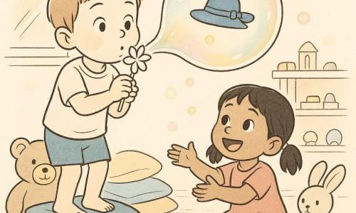 A 4-year-old boy with a round face and short light brown hair, eyes wide and focused with slightly furrowed brows, stands on a small stack of cushions holding a delicate flower-shaped fan; a 3-year-old girl, Ava, with black pigtails and a joyful, surprised expression, kneels before him with cupped hands like a nest to receive a bubble while smiling broadly; a large round teddy bear, Ben, with textured fur and stitched eyes presses its belly against the cushions to steady them, and a soft fabric rabbit, Lulu, with floppy ears sits atop a nearby cushion watching solemnly; the sunny playroom has a plush rug, colorful cushion piles, low toy shelves and a window casting a beam of light and iridescent reflections; a large translucent, iridescent bubble floats above Ava’s palms containing a small blue hat with a ribbon as the boy gently blows with the fan to guide it toward her, creating a tender, motion-filled moment.