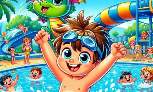 Ein 6-jähriger Junge namens Max, mit zerzausten braunen Haaren und strahlenden Augen, trägt einen leuchtend blauen Badeanzug und Schwimmbrillen. Er lächelt breit und hebt die Arme zum Sieg, nachdem er einen Sprung ins Schwimmbecken geschafft hat. Neben ihm fliegt Flitz, ein kleiner leuchtend grüner Drache mit schimmernden Schuppen und großen bunten Flügeln, fröhlich über das Wasser und applaudiert mit seinen kleinen Pfoten. Im Hintergrund spielen mehrere Kinder im Alter von 6 bis 8 Jahren im Pool, lachen und spritzen, alle in bunten Badeanzügen. Einige stehen am Rand, bereit zu springen, während andere fröhlich schwimmen. Der Ort ist ein wunderschöner Wasserpark mit bunten Rutschen, grünen Palmen und einem blauen Himmel mit weißen Wolken. Das Wasser im Pool funkelt in der Sonne und erzeugt glitzernde Reflexionen. Die Hauptsituation zeigt Max und Flitz, die ihren Sieg nach einem gelungenen Sprung feiern, umgeben von ihren Freunden, in einer festlichen und fröhlichen Atmosphäre, die den Teamgeist und den Spaß am Sport illustriert.