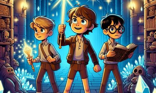 Em uma caverna mágica iluminada por cristais flutuantes, três meninos estão no centro. Lucas, um garoto de 11 anos com cabelos castanhos bagunçados, empunha uma espada laser cintilante, seu rosto determinado e os olhos brilhando de excitação. À sua direita, Miguel, também de 11 anos, usa óculos de proteção e examina um estranho artefato com um olhar curioso, seus cabelos loiros desgrenhados refletindo a luz dos cristais. À esquerda, Joaquim, o mais tímido do grupo, tem cabelos negros e óculos redondos, segurando um livro antigo aberto, seus olhos arregalados de espanto diante da magia ao seu redor. A caverna é vasta, com paredes adornadas com runas antigas e cristais luminosos flutuando, projetando sombras dançantes no chão de pedra. No fundo, um pedestal de pedra abriga um artefato misterioso, pulsando de energia. Os meninos se preparam para defender o Chronosceptor, um dispositivo mágico, contra figuras encapuzadas que se aproximam, ameaçadoras, suas silhuetas obscurecendo a luz dos cristais. A atmosfera é tensa, cheia de adrenalina e aventura, enquanto a amizade e a coragem dos meninos brilham em meio ao perigo.