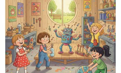 Ci sono quattro bambine di 9 anni: Chiara, castana chiara con due codine, in un vestito a pois, tiene un razzo di cartone decorato; Sofia, castana con salopette blu macchiata di vernice, sistema bottiglie e palloncini su un robot artigianale; Martina, bionda riccia con maglietta gialla e una chitarra giocattolo, dirige una fila di giocattoli musicali; Giulia, nera con coda di cavallo e abbigliamento sportivo verde, spinge una grande palla meccanica verso il robot. Sono in un garage luminoso trasformato in laboratorio con pareti in legno, scaffali colmi di materiali riciclati e una finestra rotonda sul parco; il pavimento mostra tracce di vernice e coriandoli. Momento di presentazione: il 