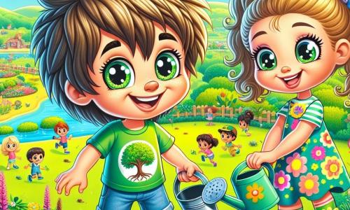 An 8-year-old boy, Leo, with messy brown hair and sparkling curious eyes, stands in the center of the image, smiling enthusiastically as he plants a small seed in fertile soil. He wears a green t-shirt with a tree design and denim shorts, and his yellow rubber boots splash a bit of dirt. Next to him, Mia, a 7-year-old girl with long curly hair tied in two pigtails, looks at Leo with a big smile. She wears a colorful floral dress and holds a watering can, ready to water the seeds they just planted. In the background, Sunnyville Park is vibrant and colorful, with lush trees, bright flowers, and children playing joyfully. The sky is blue with a few white clouds, and birds fly overhead, adding life to the scene. The main focus shows Leo and Mia planting seeds to raise awareness among other children about the importance of caring for the planet, surrounded by peers who encourage and participate in the activity.